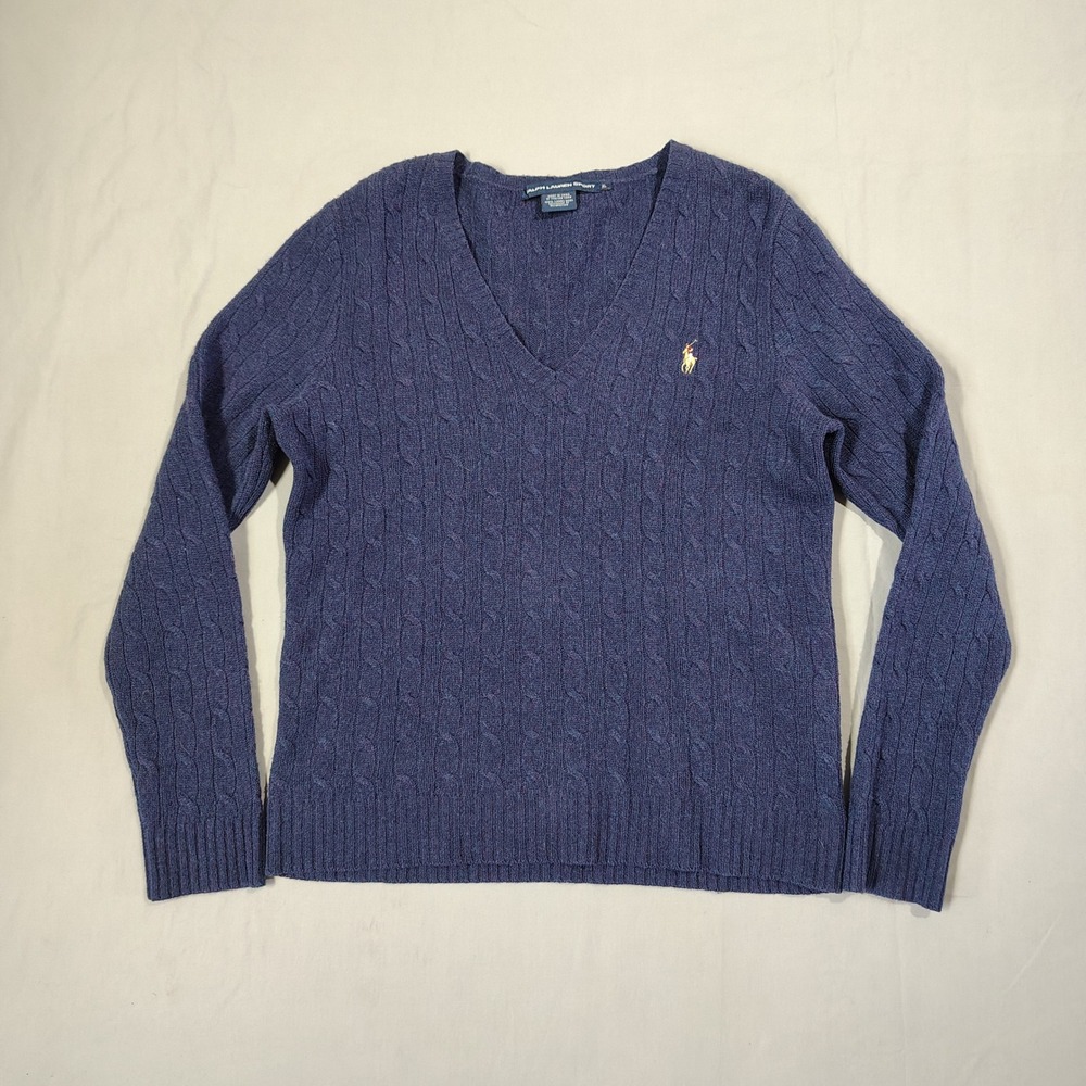 Ralph Lauren Sport Sweater Women XL Blue V-Neck Lambswool Cable Colored Pony